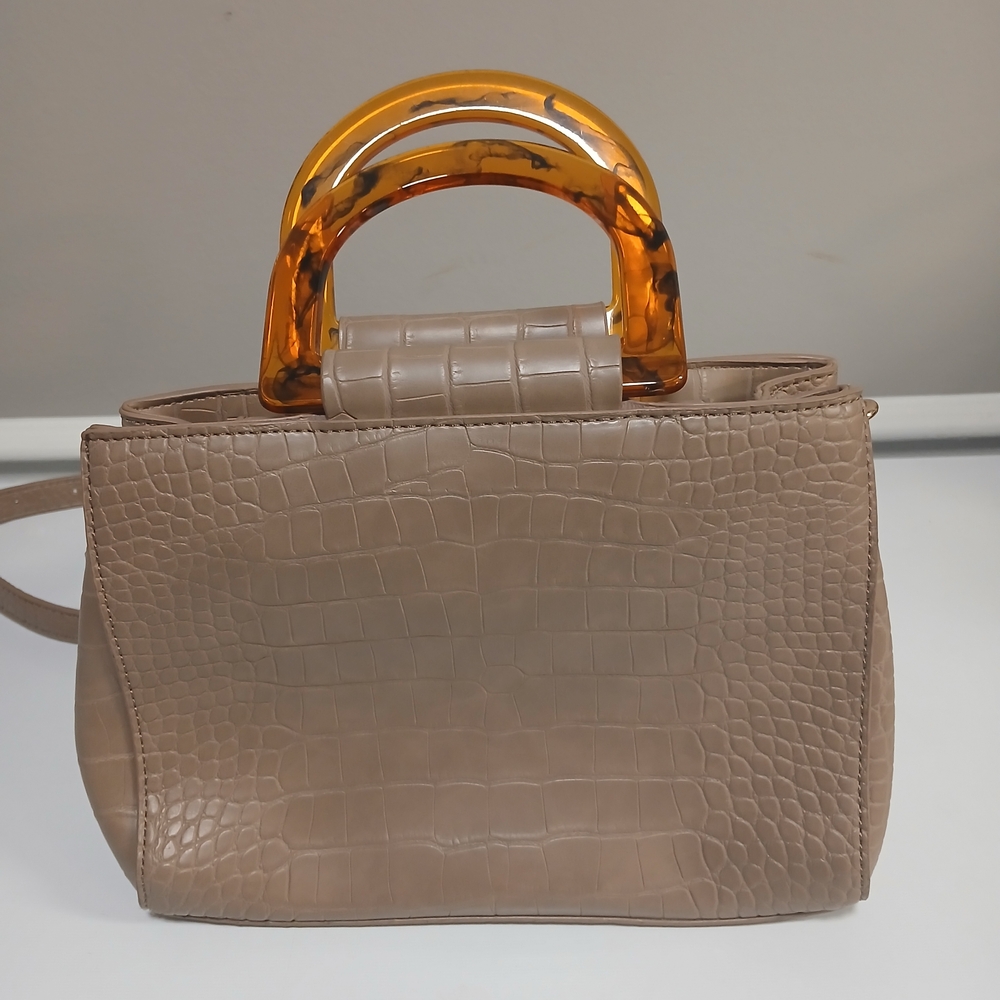 New! Madison West Tan Croc-Embossed Mini Bag w/ Amber Tortoise Handle & Strap